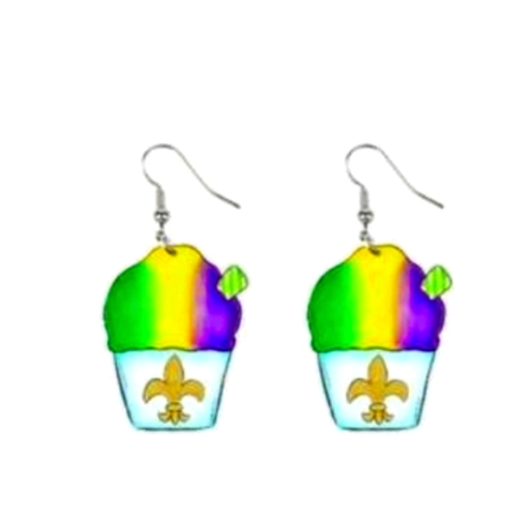 NWT Mardi Gras Snowball Drop Earrings New Orleans Fleur de Lis - Picture 3 of 3